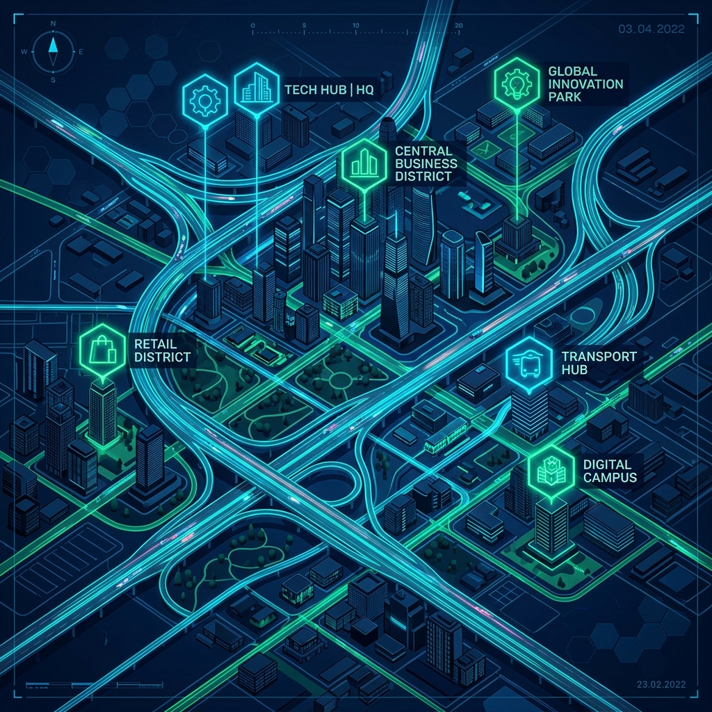 Strategic location map visual for Infinity Town